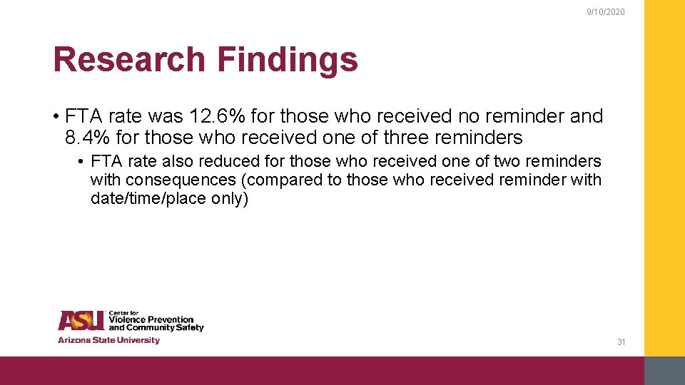 9/10/2020 Research Findings • FTA rate was 12. 6% for those who received no