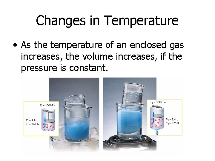 Changes in Temperature • As the temperature of an enclosed gas increases, the volume