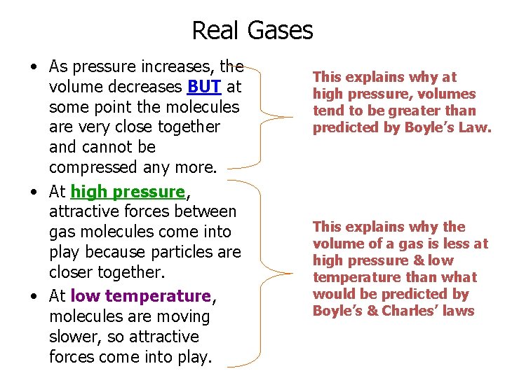 Real Gases • As pressure increases, the volume decreases BUT at some point the