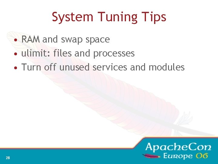 System Tuning Tips • RAM and swap space • ulimit: files and processes •