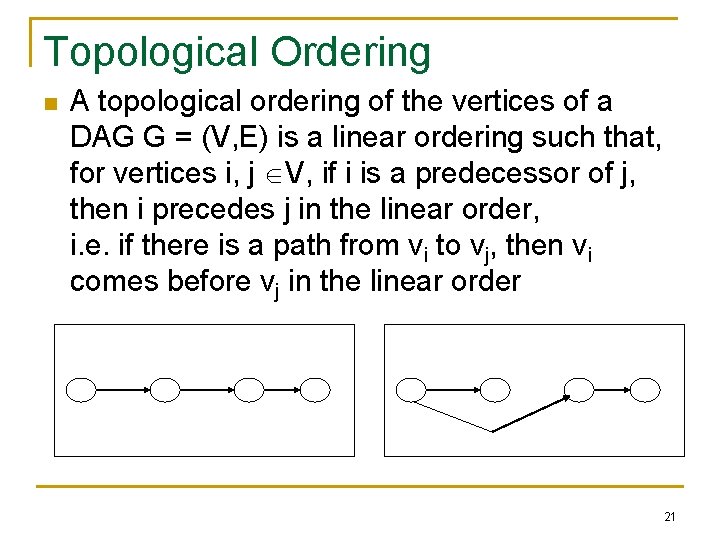 Topological Ordering n A topological ordering of the vertices of a DAG G =