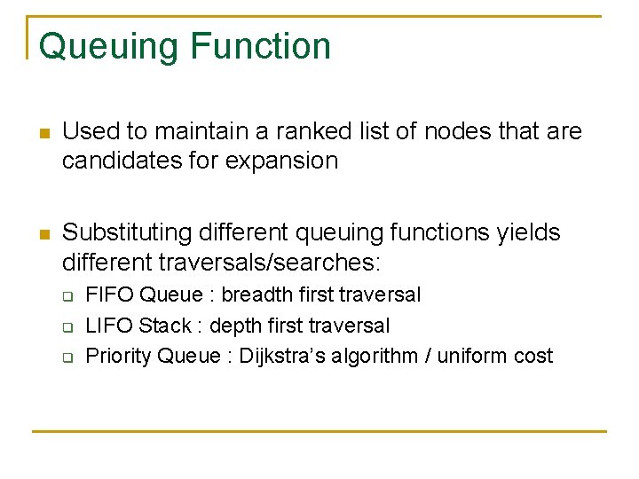 Queuing Function n Used to maintain a ranked list of nodes that are candidates