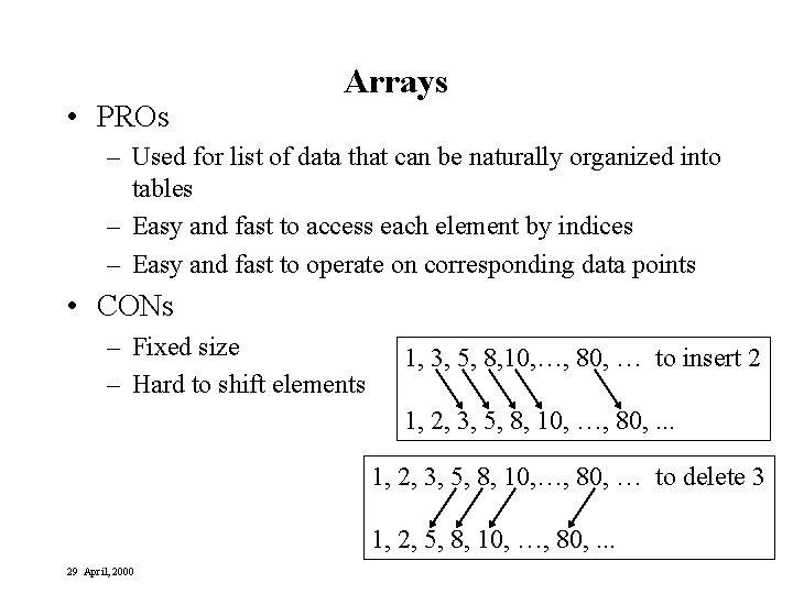  • PROs Arrays – Used for list of data that can be naturally