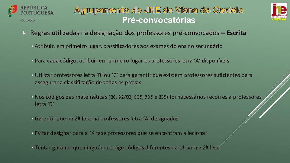 Agrupamento do JNE de Viana do Castelo Pré-convocatórias Ø Regras utilizadas na designação dos