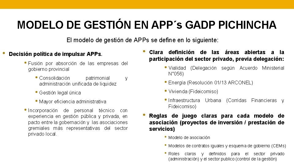 MODELO DE GESTIÓN EN APP´s GADP PICHINCHA El modelo de gestión de APPs se