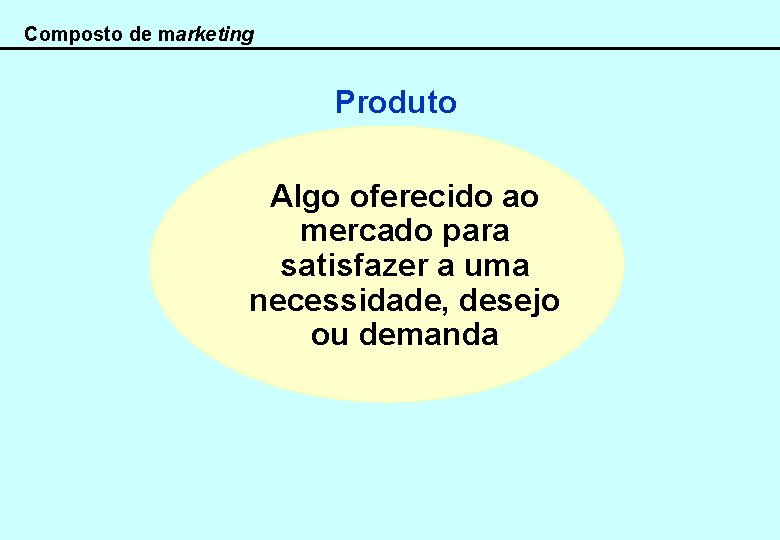 Composto de marketing Produto Algo oferecido ao mercado para satisfazer a uma necessidade, desejo