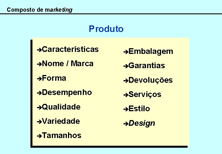 Composto de marketing Produto èCaracterísticas èEmbalagem èNome èGarantias / Marca èForma èDevoluções èDesempenho èServiços