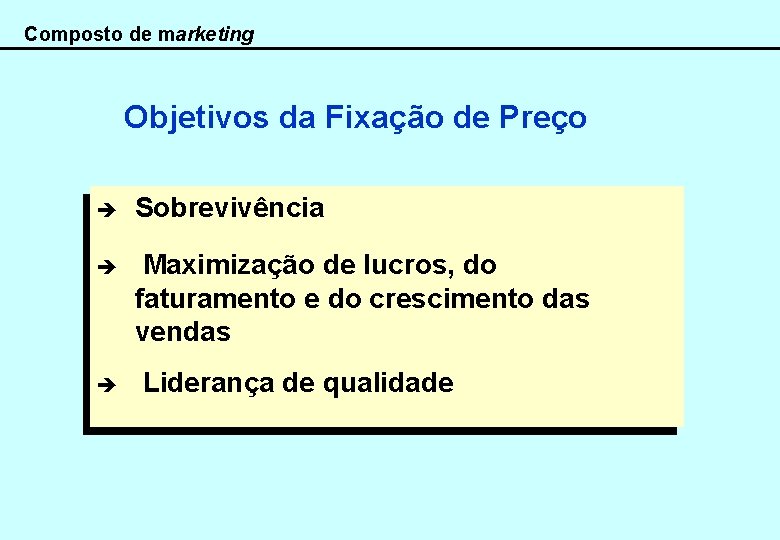 Composto de marketing Objetivos da Fixação de Preço è Sobrevivência è Maximização de lucros,