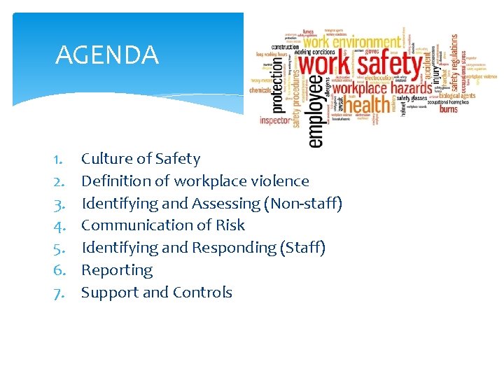 AGENDA 1. 2. 3. 4. 5. 6. 7. Culture of Safety Definition of workplace