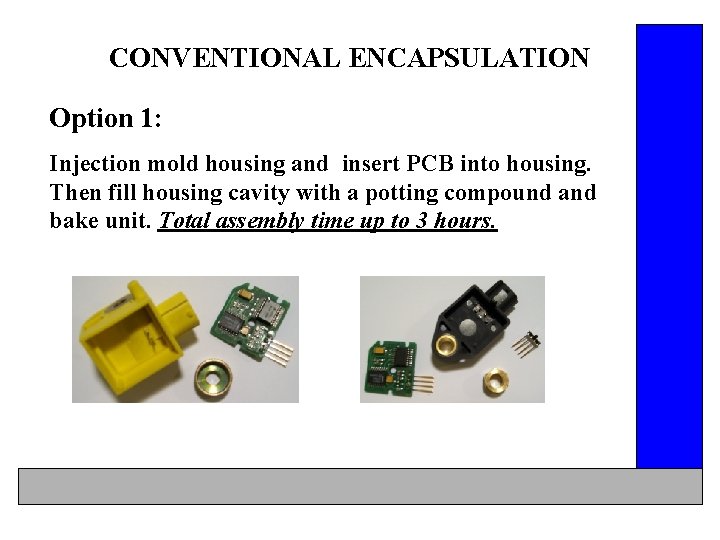 CONVENTIONAL ENCAPSULATION Option 1: Injection mold housing and insert PCB into housing. Then fill