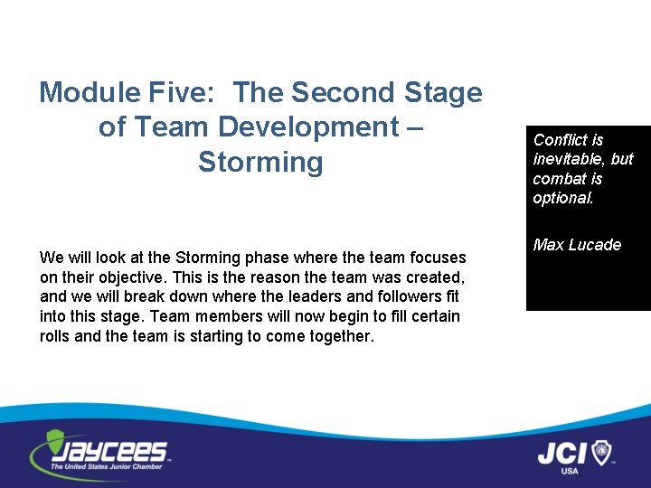Module Five: The Second Stage of Team Development – Storming We will look at