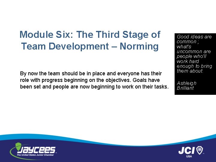 Module Six: The Third Stage of Team Development – Norming By now the team