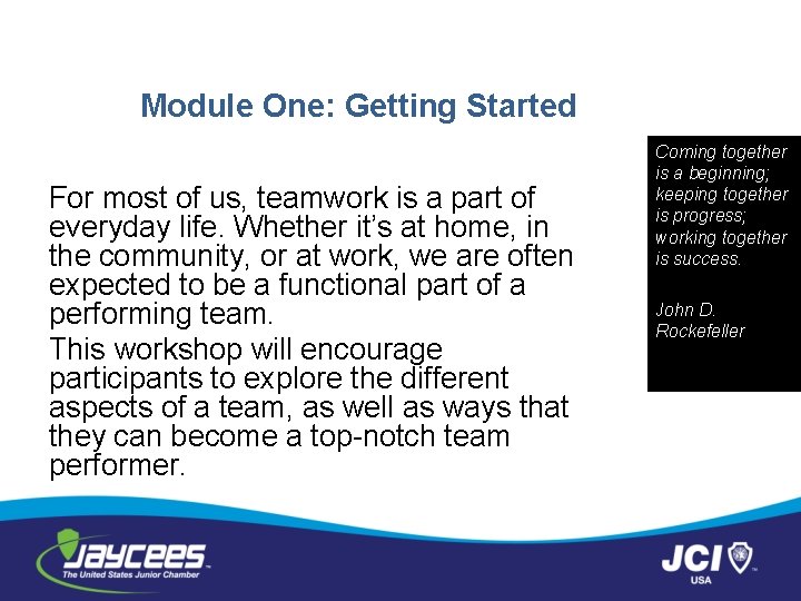Module One: Getting Started For most of us, teamwork is a part of everyday