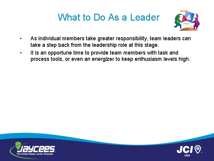What to Do As a Leader • • As individual members take greater responsibility,