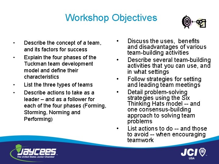 Workshop Objectives • • Describe the concept of a team, and its factors for