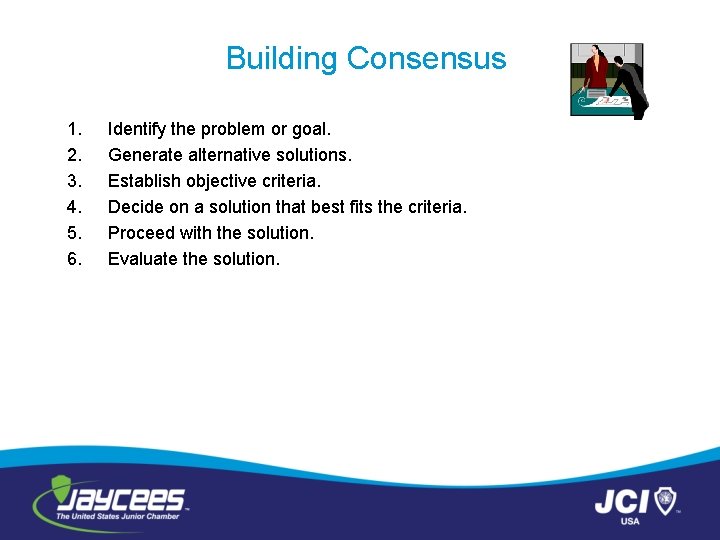 Building Consensus 1. 2. 3. 4. 5. 6. Identify the problem or goal. Generate