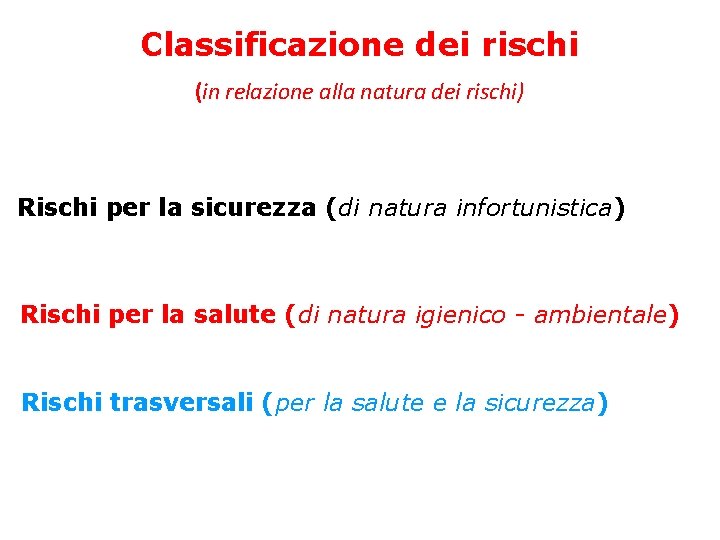Classificazione dei rischi (in relazione alla natura dei rischi) Rischi per la sicurezza (di