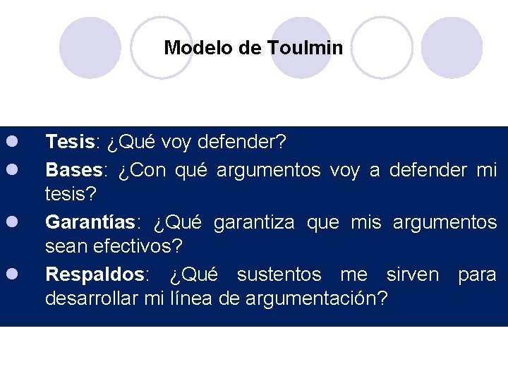 Modelo de Toulmin l l Tesis: ¿Qué voy defender? Bases: ¿Con qué argumentos voy