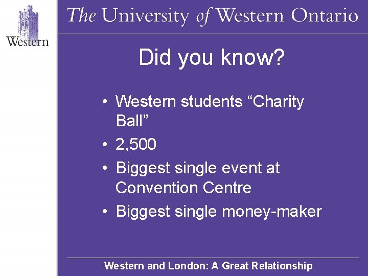 Did you know? • Western students “Charity Ball” • 2, 500 • Biggest single