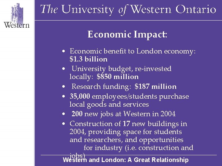 Economic Impact: • Economic benefit to London economy: $1. 3 billion • University budget,