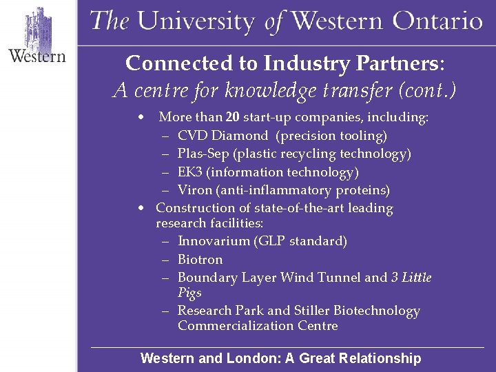 Connected to Industry Partners: A centre for knowledge transfer (cont. ) • More than