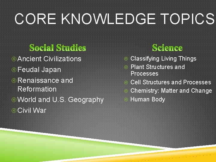 CORE KNOWLEDGE TOPICS Ancient Civilizations Classifying Living Things Feudal Japan Plant Structures and Renaissance