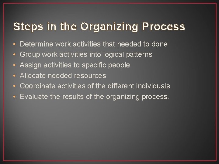 Steps in the Organizing Process • • • Determine work activities that needed to