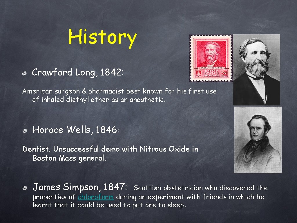 History Crawford Long, 1842: American surgeon & pharmacist best known for his first use