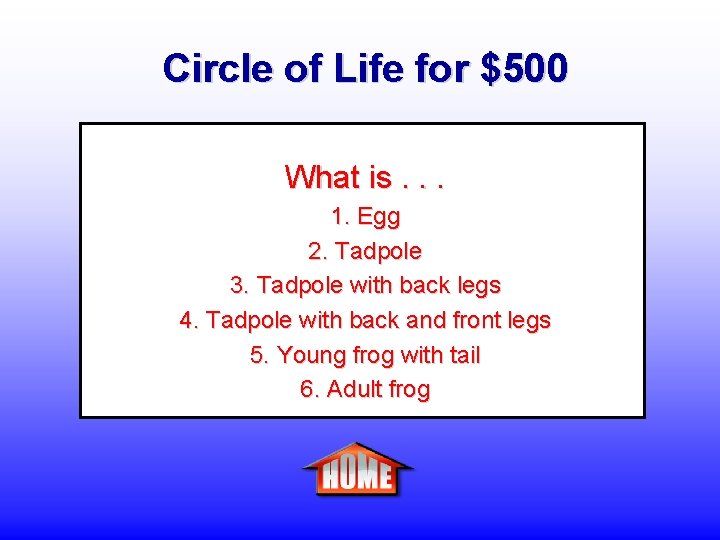 Circle of Life for $500 What is. . . 1. Egg 2. Tadpole 3.