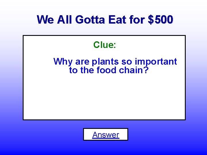 We All Gotta Eat for $500 Clue: Why are plants so important to the