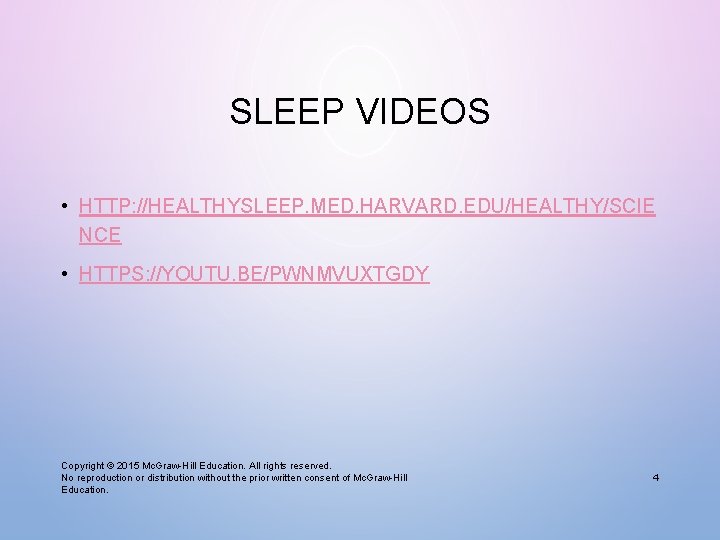 SLEEP VIDEOS • HTTP: //HEALTHYSLEEP. MED. HARVARD. EDU/HEALTHY/SCIE NCE • HTTPS: //YOUTU. BE/PWNMVUXTGDY Copyright