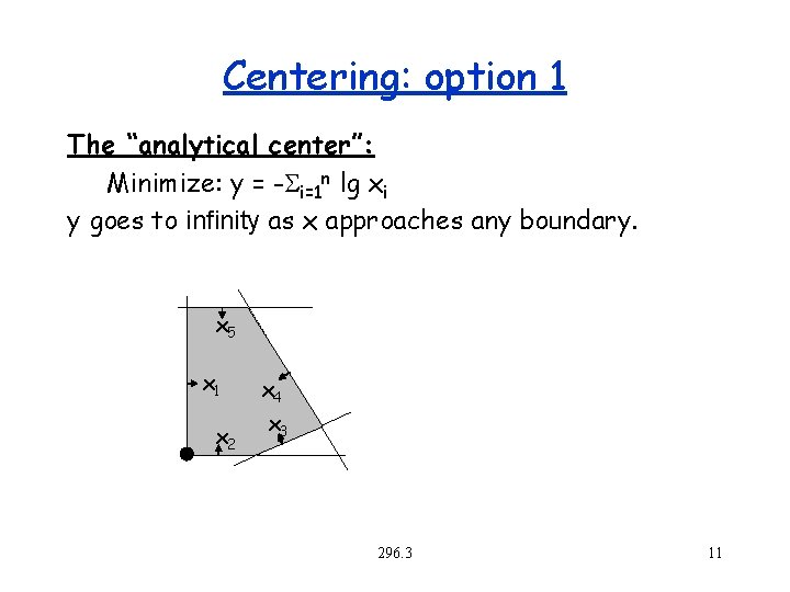 Centering: option 1 The “analytical center”: Minimize: y = -Si=1 n lg xi y