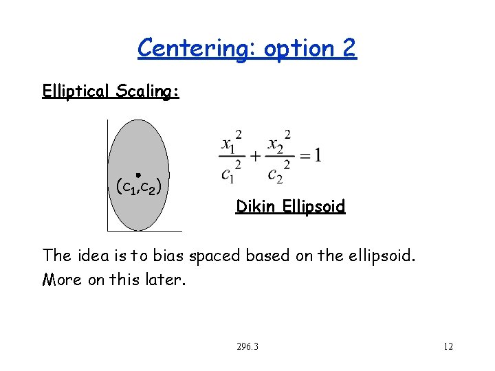 Centering: option 2 Elliptical Scaling: (c 1, c 2) Dikin Ellipsoid The idea is