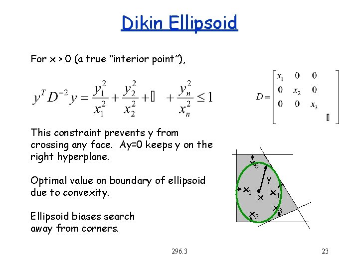 Dikin Ellipsoid For x > 0 (a true “interior point”), This constraint prevents y