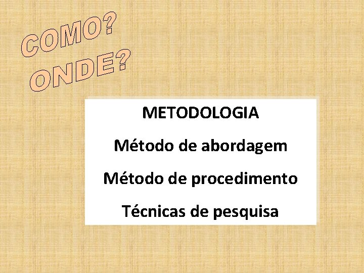 METODOLOGIA Método de abordagem Método de procedimento Técnicas de pesquisa 