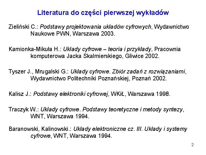 Literatura do części pierwszej wykładów Zieliński C. : Podstawy projektowania układów cyfrowych, Wydawnictwo Naukowe