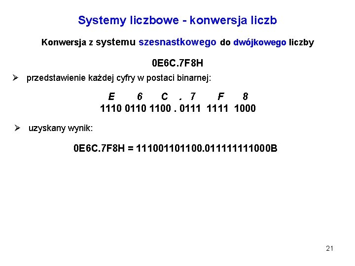 Systemy liczbowe - konwersja liczb Konwersja z systemu szesnastkowego do dwójkowego liczby 0 E