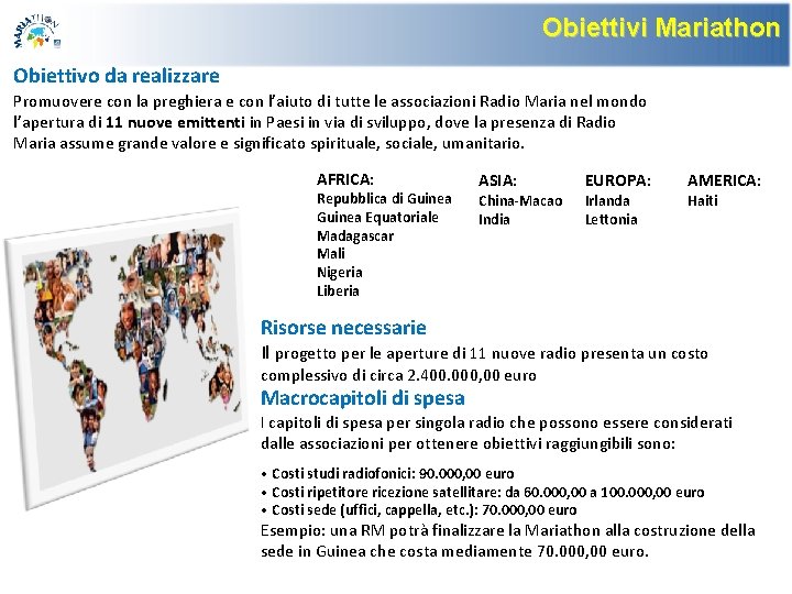 Obiettivi Mariathon Obiettivo da realizzare Promuovere con la preghiera e con l’aiuto di tutte Obiettivi Mariathon Obiettivo da realizzare Promuovere con la preghiera e con l’aiuto di tutte