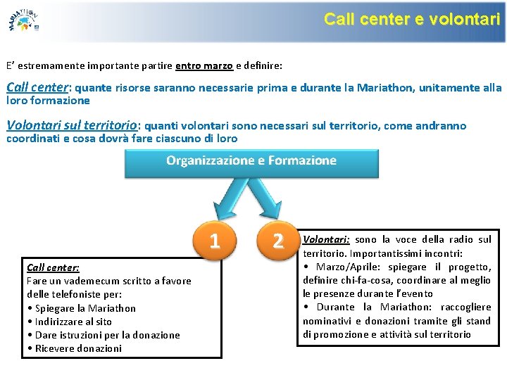 Call center e volontari E’ estremamente importante partire entro marzo e definire: Call center: Call center e volontari E’ estremamente importante partire entro marzo e definire: Call center:
