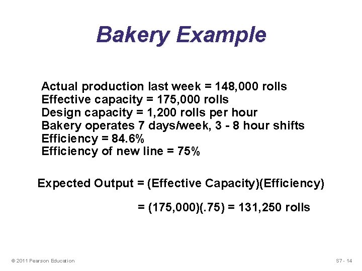 Bakery Example Actual production last week = 148, 000 rolls Effective capacity = 175,