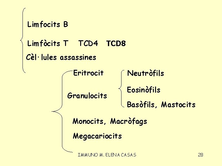 Limfocits B Limfòcits T TCD 4 TCD 8 Cèl·lules assassines Eritrocit Granulocits Neutròfils Eosinòfils