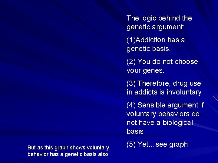 The logic behind the genetic argument: (1)Addiction has a genetic basis. (2) You do