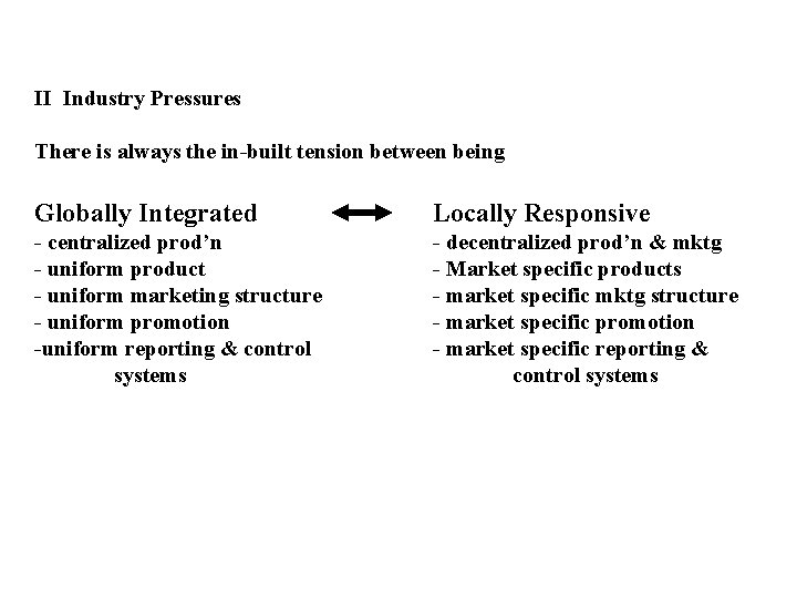 II Industry Pressures There is always the in-built tension between being Globally Integrated Locally