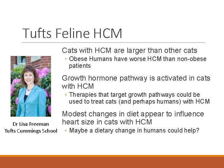 Tufts Feline HCM Cats with HCM are larger than other cats ◦ Obese Humans
