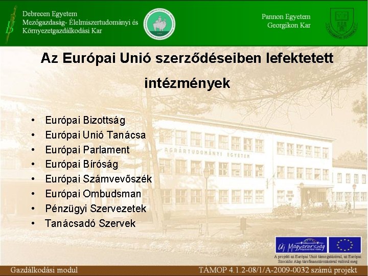 Az Európai Unió szerződéseiben lefektetett intézmények • • Európai Bizottság Európai Unió Tanácsa Európai