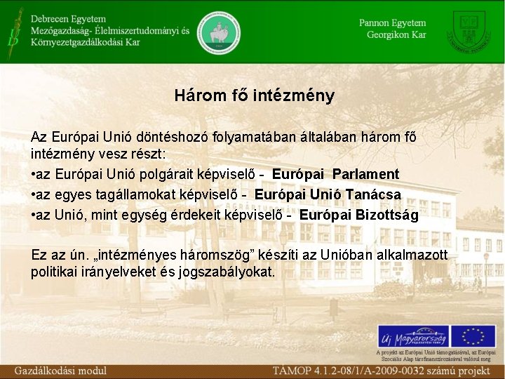 Három fő intézmény Az Európai Unió döntéshozó folyamatában általában három fő intézmény vesz részt: