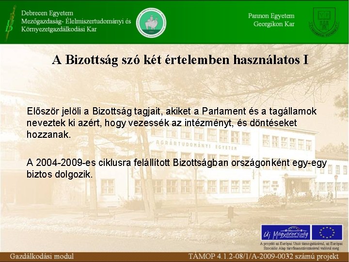 A Bizottság szó két értelemben használatos I Először jelöli a Bizottság tagjait, akiket a