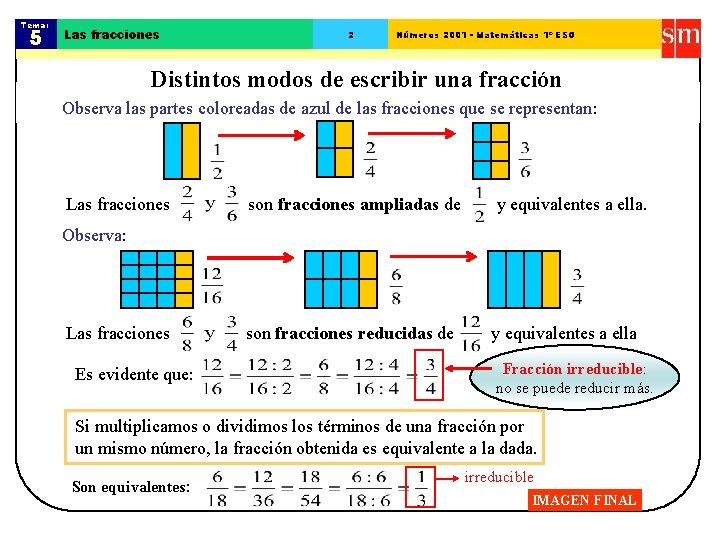 Tema: 5 Las fracciones 2 Números 2001 - Matemáticas 1º ESO Distintos modos de