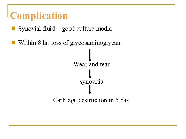 Complication n Synovial fluid = good culture media n Within 8 hr. loss of