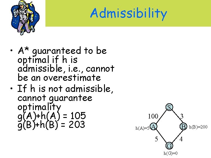 Admissibility • A* guaranteed to be optimal if h is admissible, i. e. ,